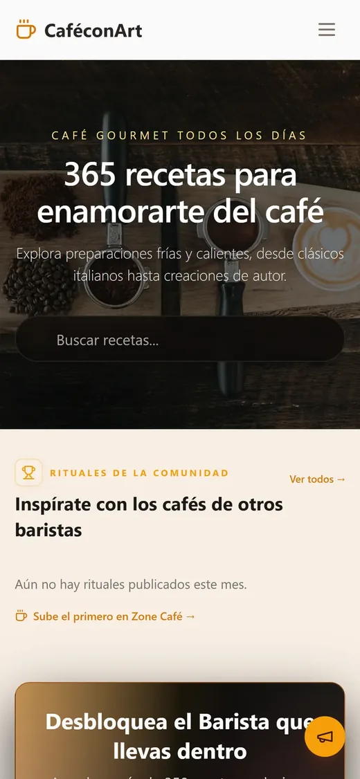 Vista mobile real da plataforma CafeConArt