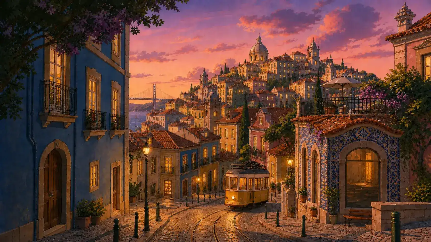 Cidade de Lisboa com luzes acesas
