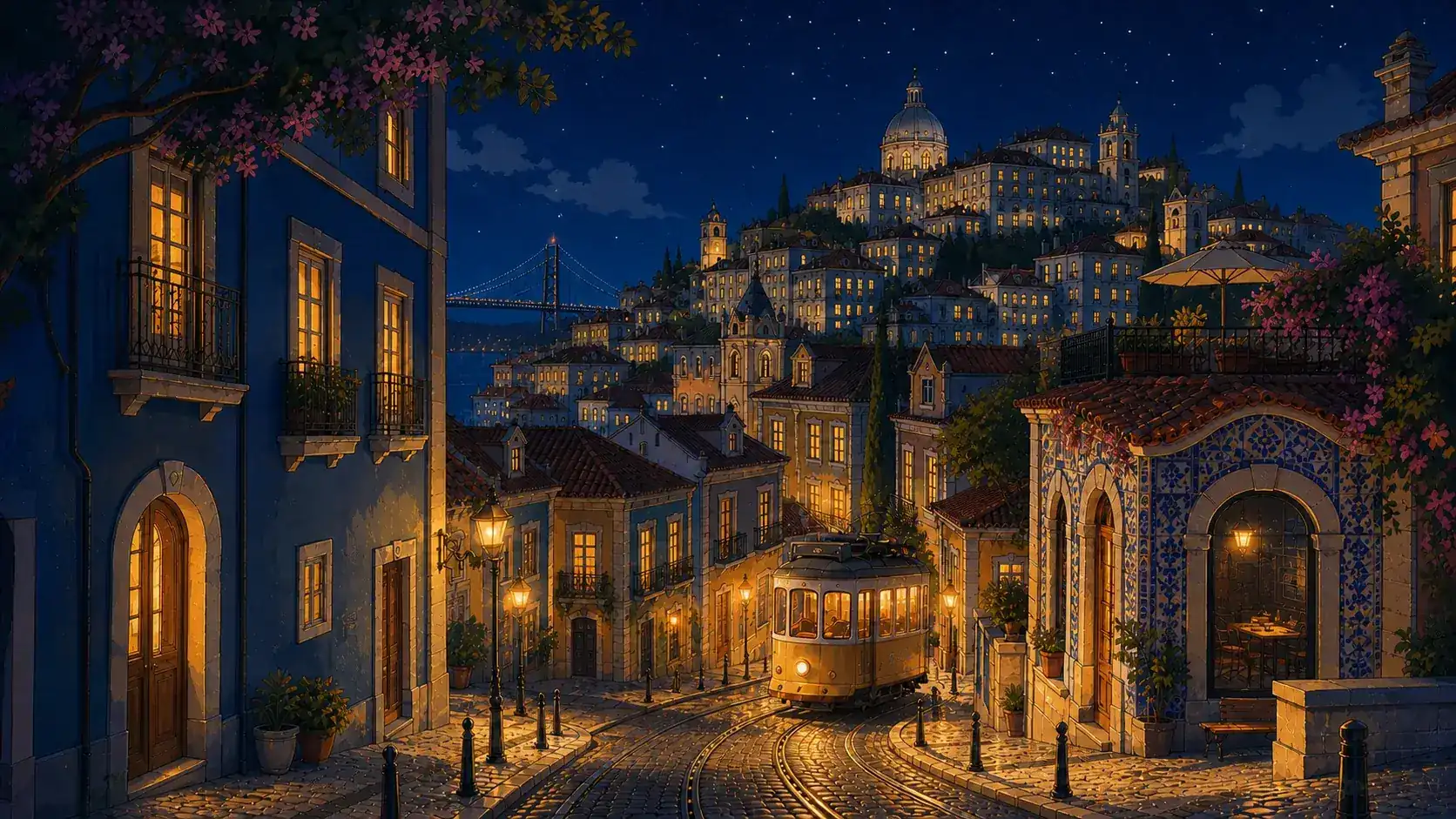Ilustração animada de Lisboa à noite